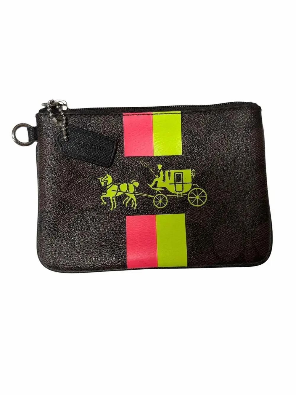 Coach Signature Corner Zip Wristlet Neon Pink Green Horse Carriage Pouch F52704